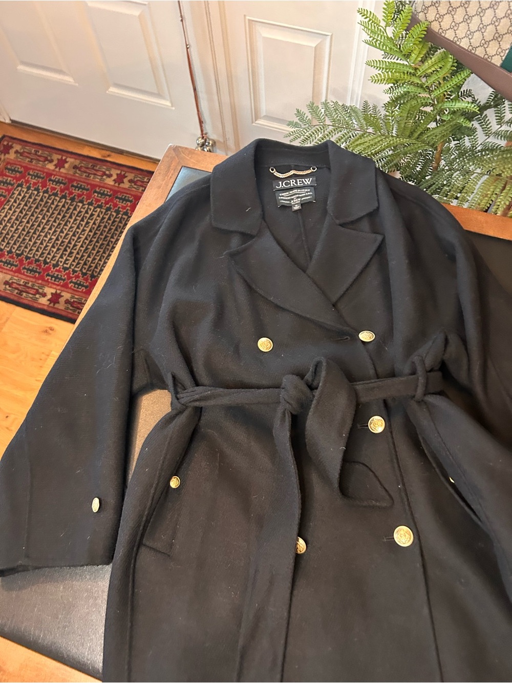 J. Crew Black Double-Breasted Trench Coat with Gold Buttons